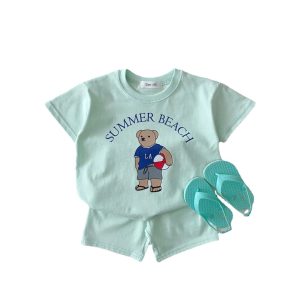 Boys And Girls Cartoon Bear Summer Thin Cotton Suit Two-Piece Baby Loose Suit Tide