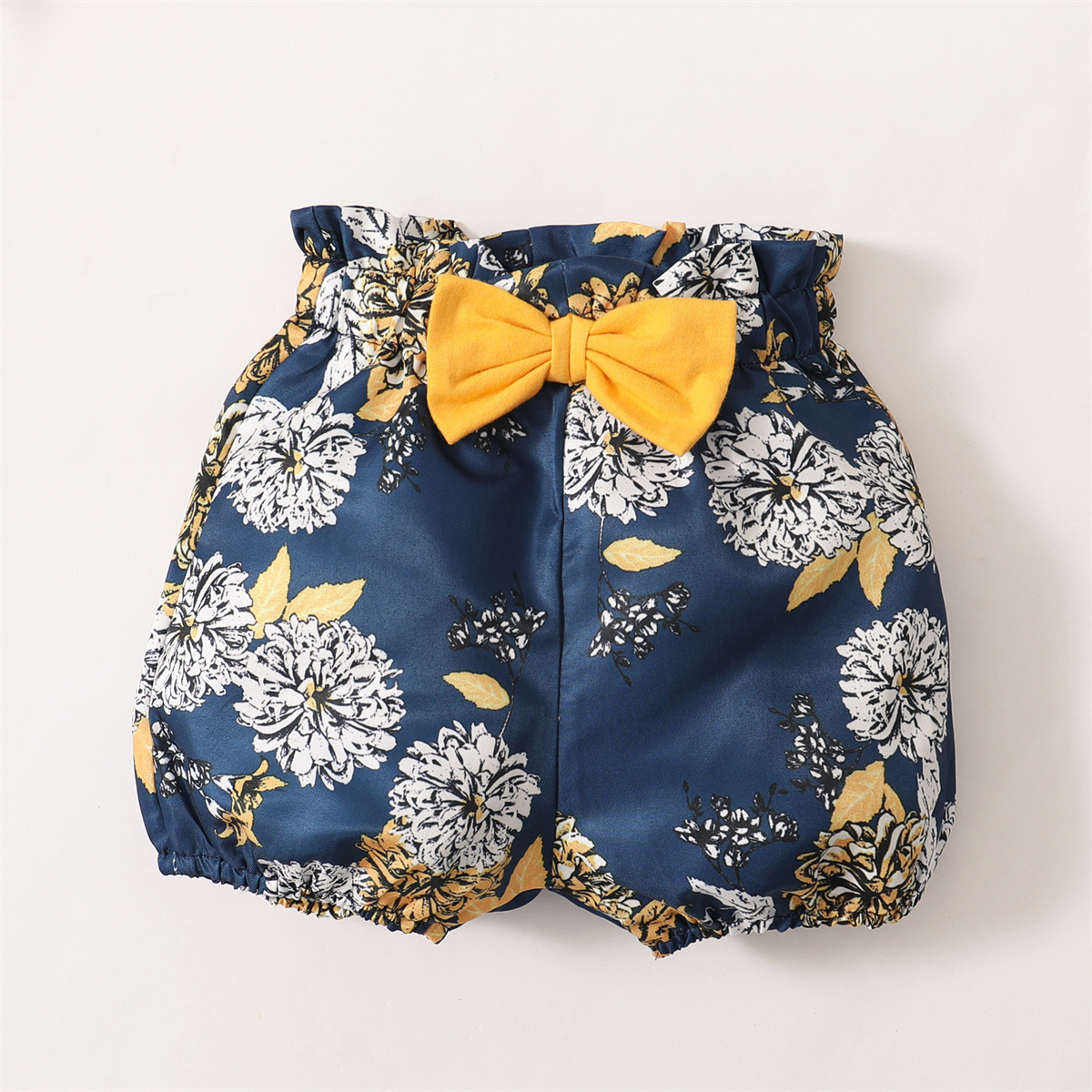 3Pcs Clothes Set Baby Girl Plain Color Ruffle Short Sleeves Bodysuit+Floral Short+Headband - Image 4