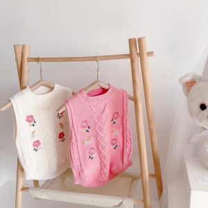 Spring baby girl all match baby 0-2 years old cardigan cotton yarn knitted sweater embroidered round neck vest