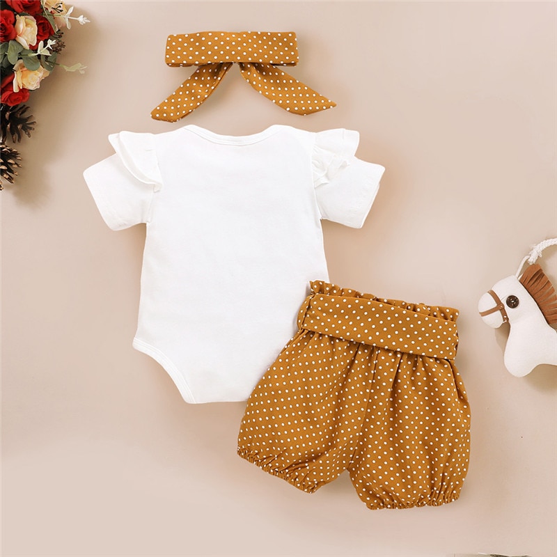 Newborn Girls Letter Print Romper Bodysuit+Dot Pants+headband - Image 2