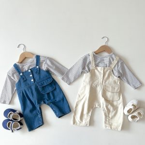 Children's clothing boys and girls baby spring new baby denim overalls striped long sleeved T-shirt