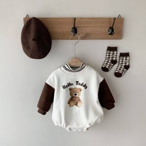 Spring new ins infant boys and girls baby cloth bear print pullover triangle climb out romper