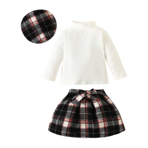 Baby Girls Clothes Sets Knit Long Sleeve Tops Plaid Skrits