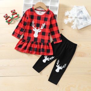 Newborn Baby Clothes Autumn Winter Girls Pullover Antler Printing Tops Trousers 2Pcs Set Suit Children