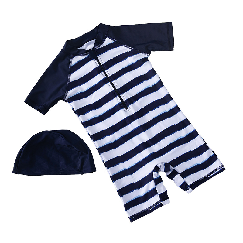 Striped Boy Children Warm Sunscreen Hot Spring Swimsuit Quick-Drying Baby One-Piece Swimsuit - Image 5