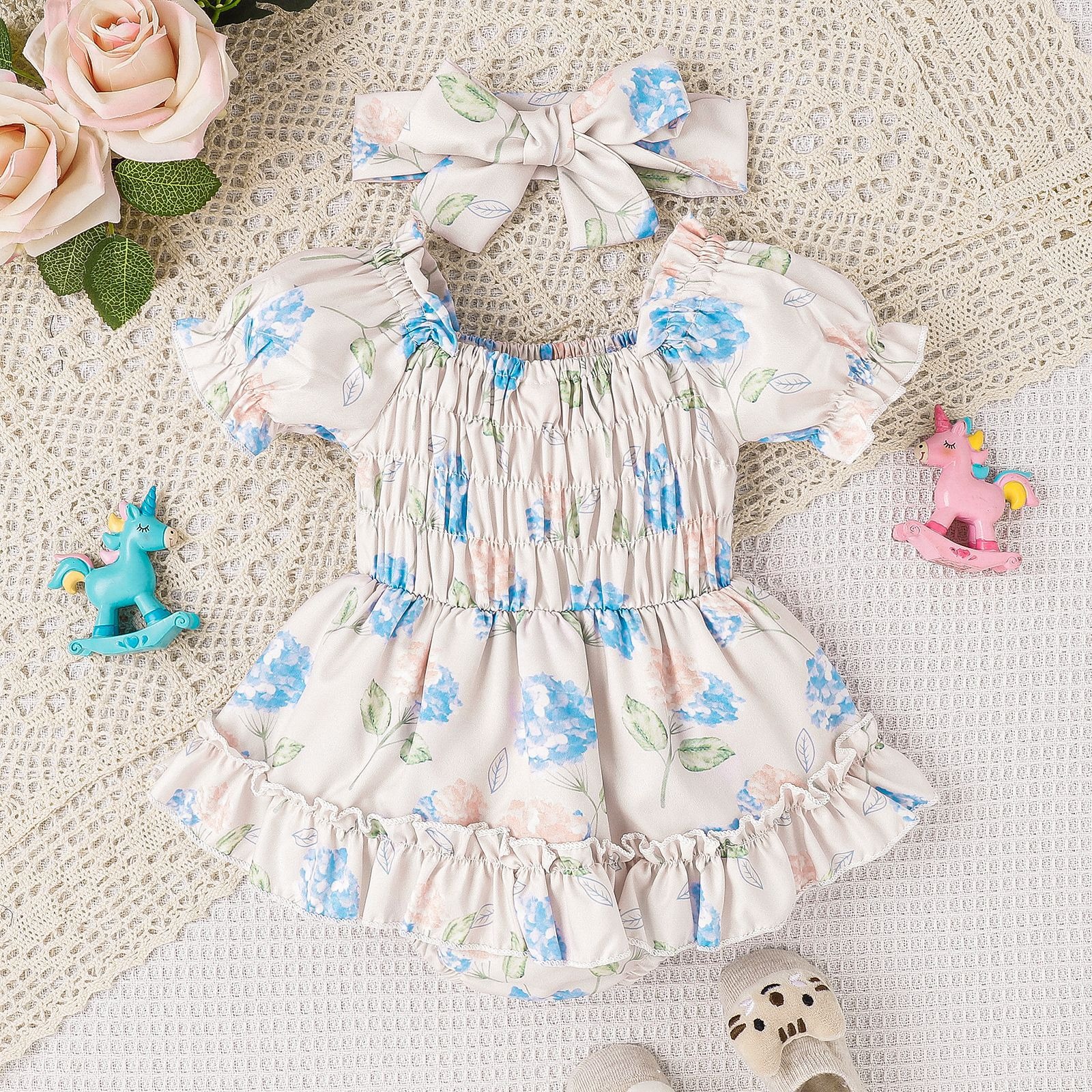 Baby and toddler two color floral skirt hem jumpsuit - Image 4