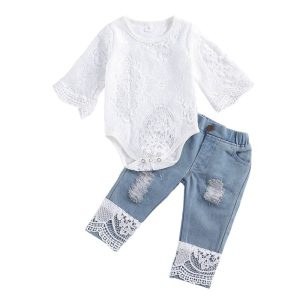 New Fashion Baby Girls Fall Clothes Long Sleeve Lace Romper Suit Triangle Crotch Lace Top  Hole Long Jeans 2Pcs Outfit