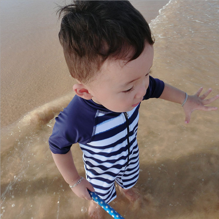 Striped Boy Children Warm Sunscreen Hot Spring Swimsuit Quick-Drying Baby One-Piece Swimsuit - Image 6