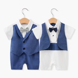 Newborn Baby Jumpsuit Short Sleeved Male Baby Gentleman One Year Old Dress Baby Jumpsuit