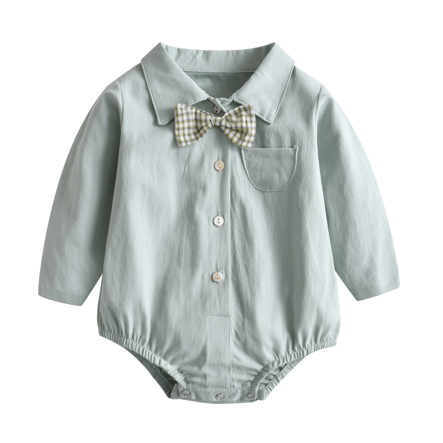 Baby Jumpsuit Baby Boy Gentleman Bow Tie Long Sleeve Triangle Romper Solid Color Open Button Romper - Image 7