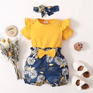 3Pcs Clothes Set Baby Girl Plain Color Ruffle Short Sleeves Bodysuit+Floral Short+Headband