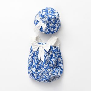 Girl Baby Blue And White Porcelain Print Sling One-Piece Romper