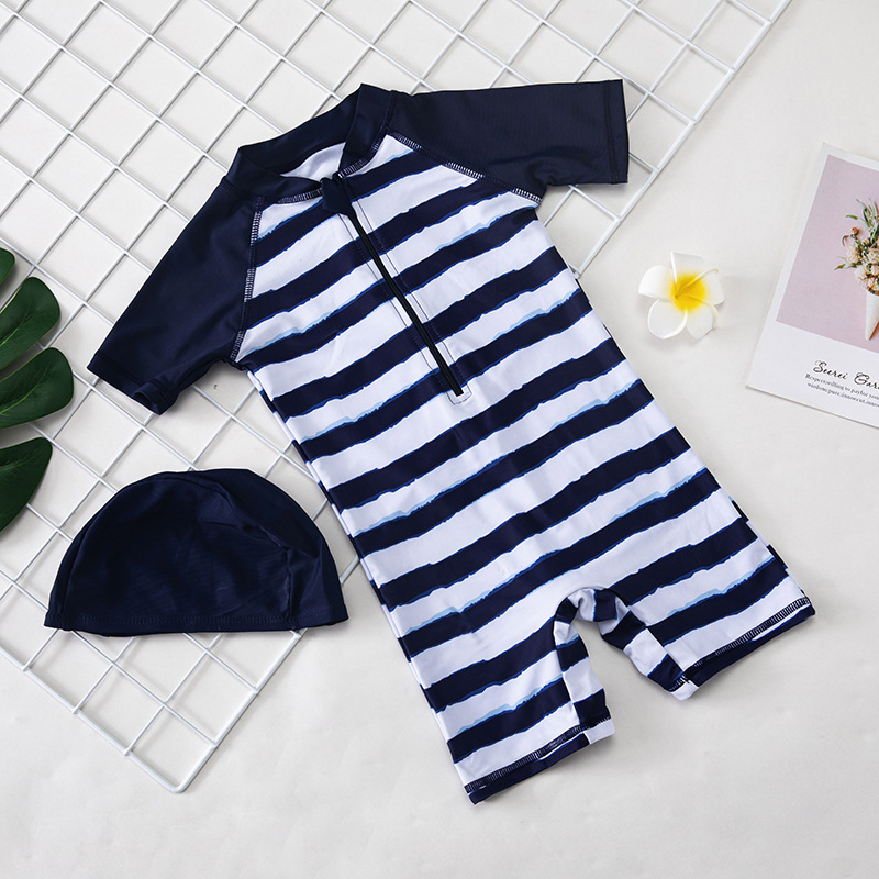 Striped Boy Children Warm Sunscreen Hot Spring Swimsuit Quick-Drying Baby One-Piece Swimsuit