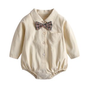 Baby Jumpsuit Baby Boy Gentleman Bow Tie Long Sleeve Triangle Romper Solid Color Open Button Romper