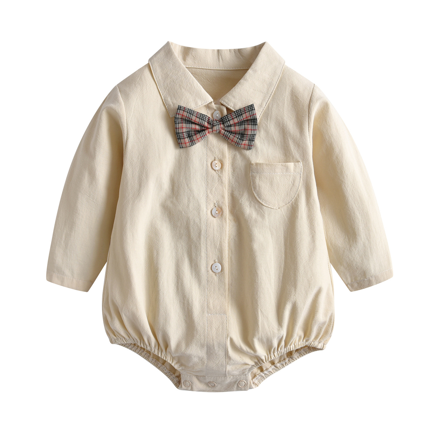 Baby Jumpsuit Baby Boy Gentleman Bow Tie Long Sleeve Triangle Romper Solid Color Open Button Romper