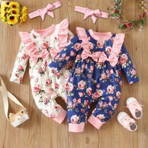 Infant Children's Long-Sleeved Lace Bow Flower One-Piece Romper Girl Baby Autumn And Winter Romper