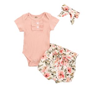 New Baby Girl 3 PCS Outfit Set Solid Color Short Sleeve Ruffle Button Closure Romper Short Flower Waist Belt Pants Hair Band