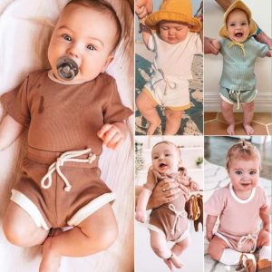 Newborn Kids Baby Girls Ribbed Knitted Short Sleeve T-shirts+Shorts Tracksuits Sets
