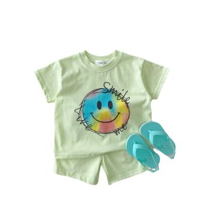 Summer Baby Boys And Girls Baby Smiley Print Two-Piece Cotton Casual Loose Suit