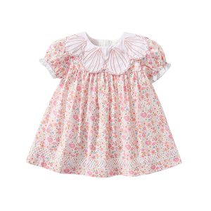 Pink Floral Girl Dress Shell Lace Collar